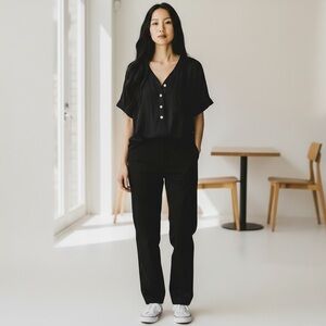 On The Road Black Distressed Short Sleeve Blouse